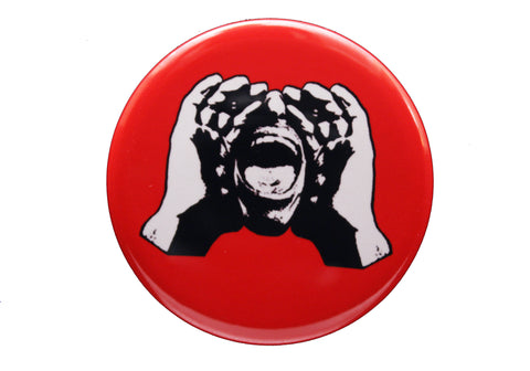 HeckleMaster logo button or magnet on red
