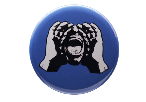 HeckleMaster logo button or magnet on blue